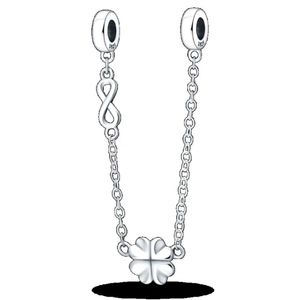 Silver Four leaf clover safety-chain for pandora-style charm bracelets, New